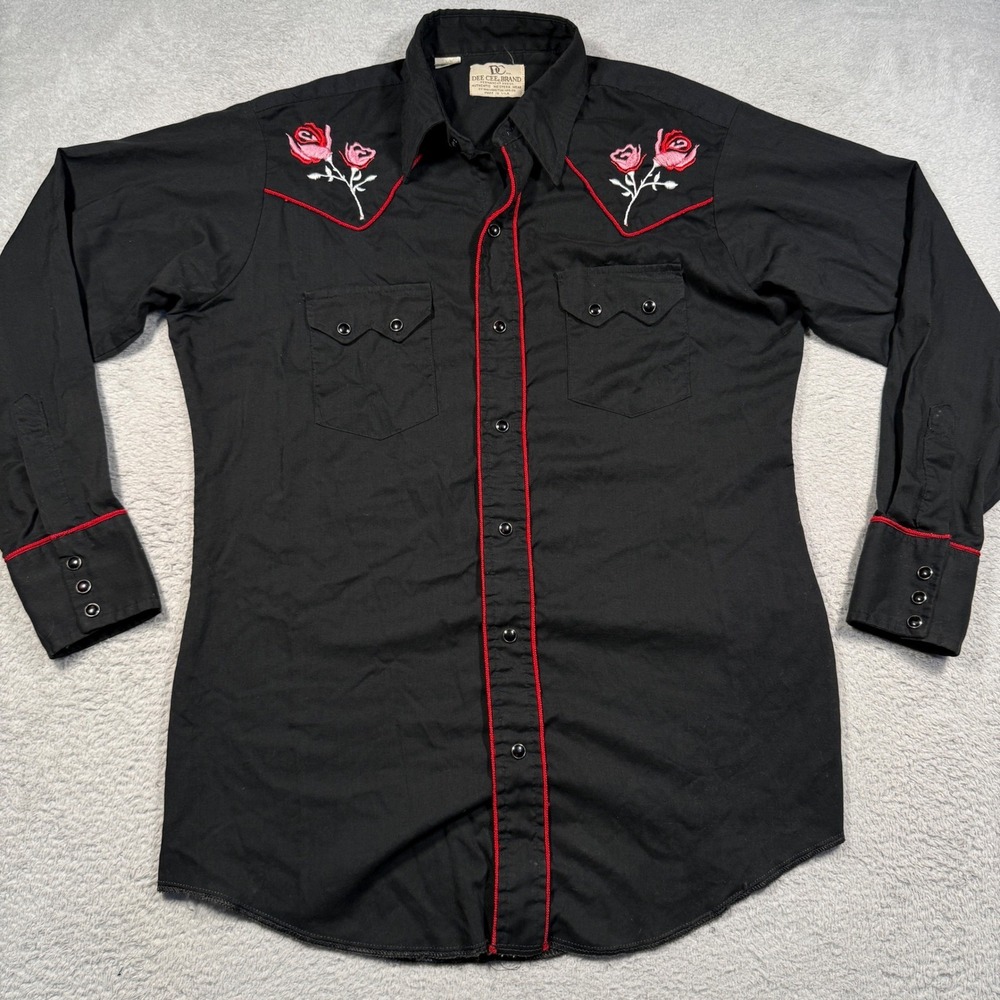 Vintage 70s Dee Cee Brand Western Shirt 15.5 Black Rose Embroidered Pearl Snap